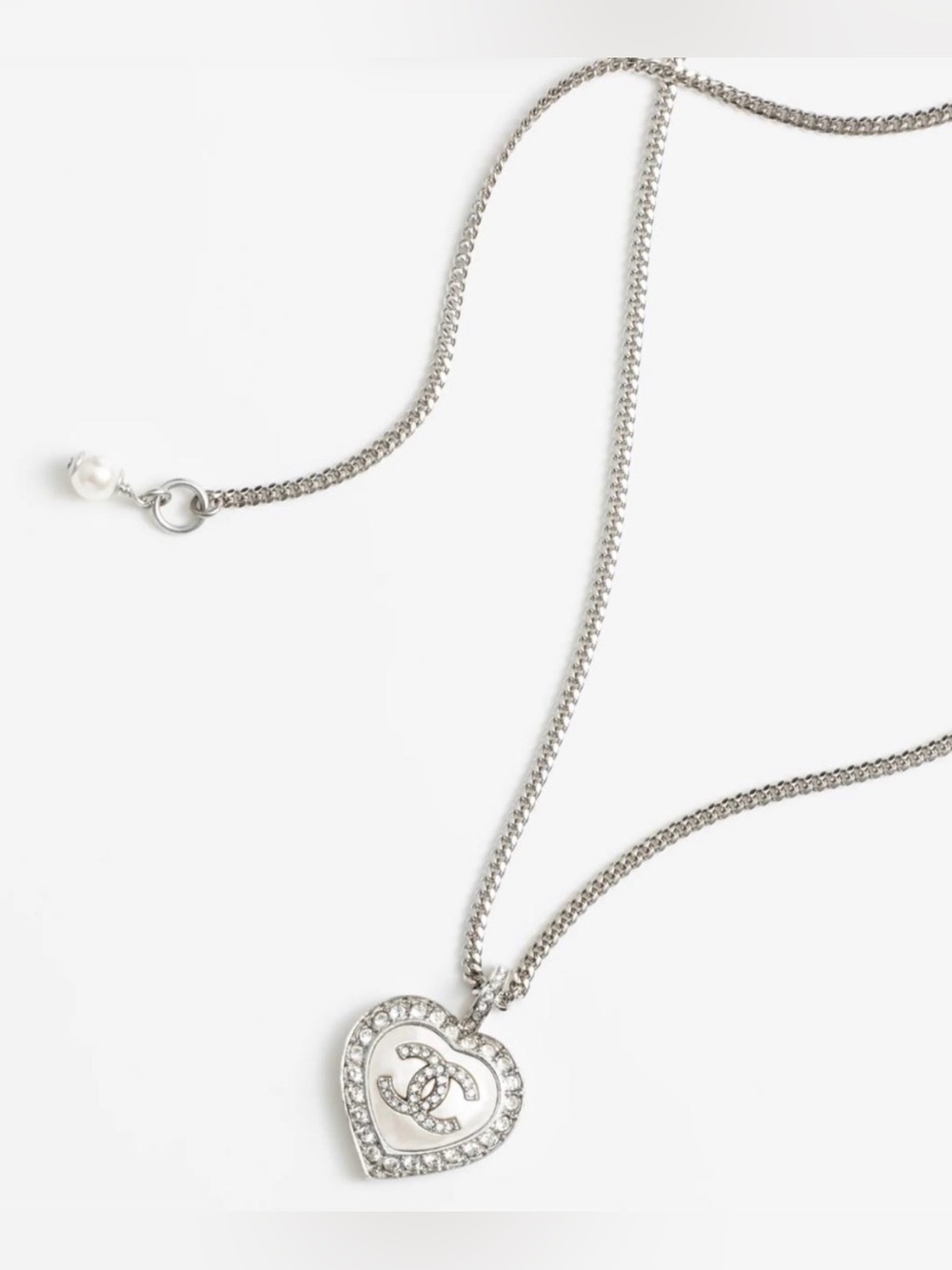 CHANEL Silver Heart Pendant Necklace with Crystal CC Emblem